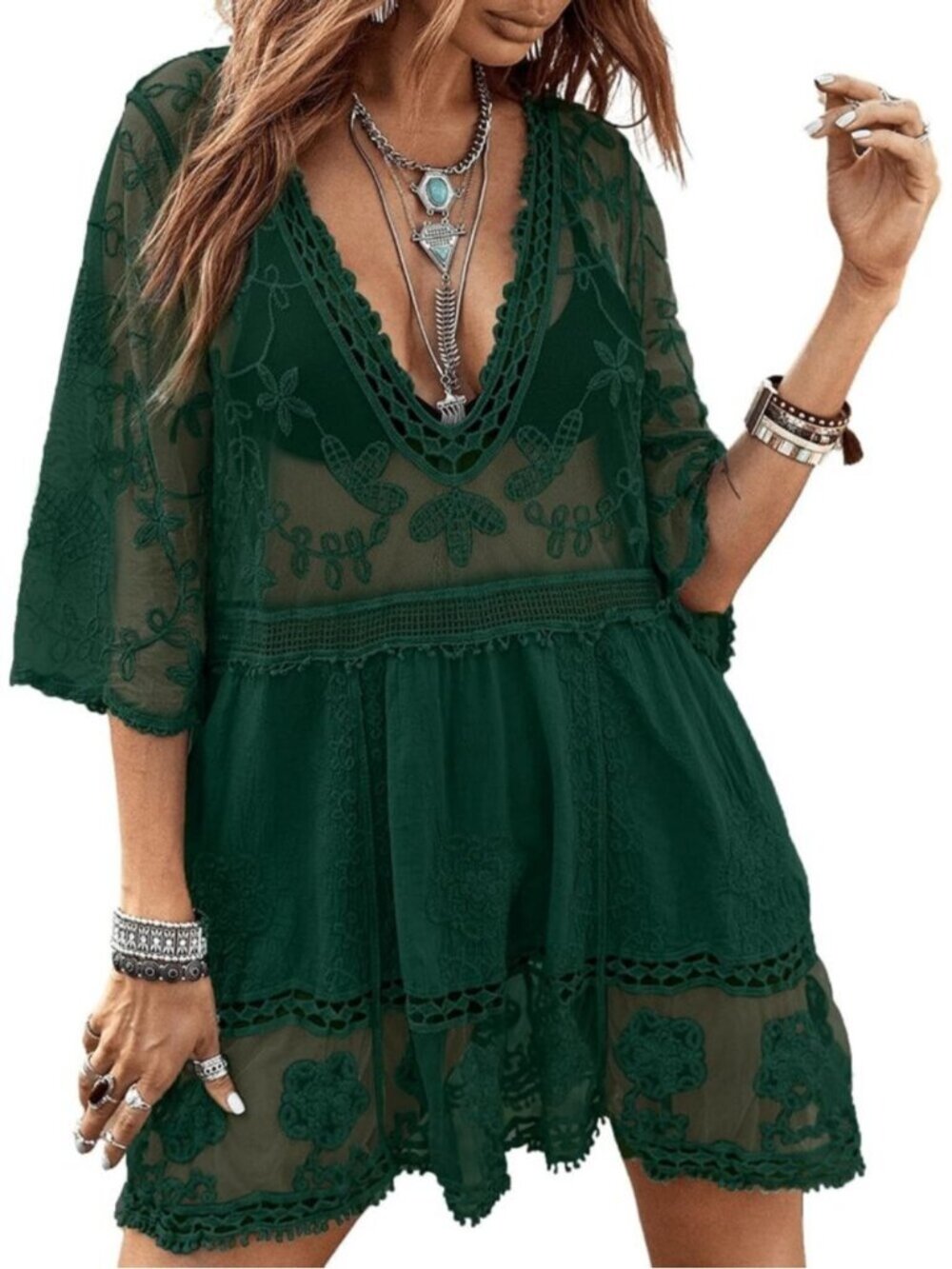 🆕Women Dark Green Rayon V-Neck Coverup Mesh Lace Bathing Suit Swimsuit